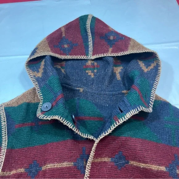 Southwestern Tan Blue Aztec Wool DUSTER Hooded Blanket Coat REVERSIBLE Button Up